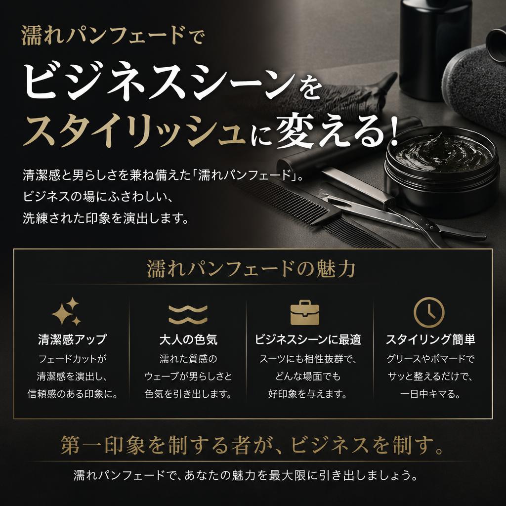 濡れパンフェードでビジネスシーンをスタイリッシュに変える！